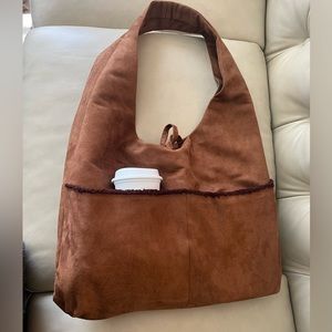 Gorgeous Handmade Suede Leather Tan Camel Brown Tote Bag with Sage Green Lining